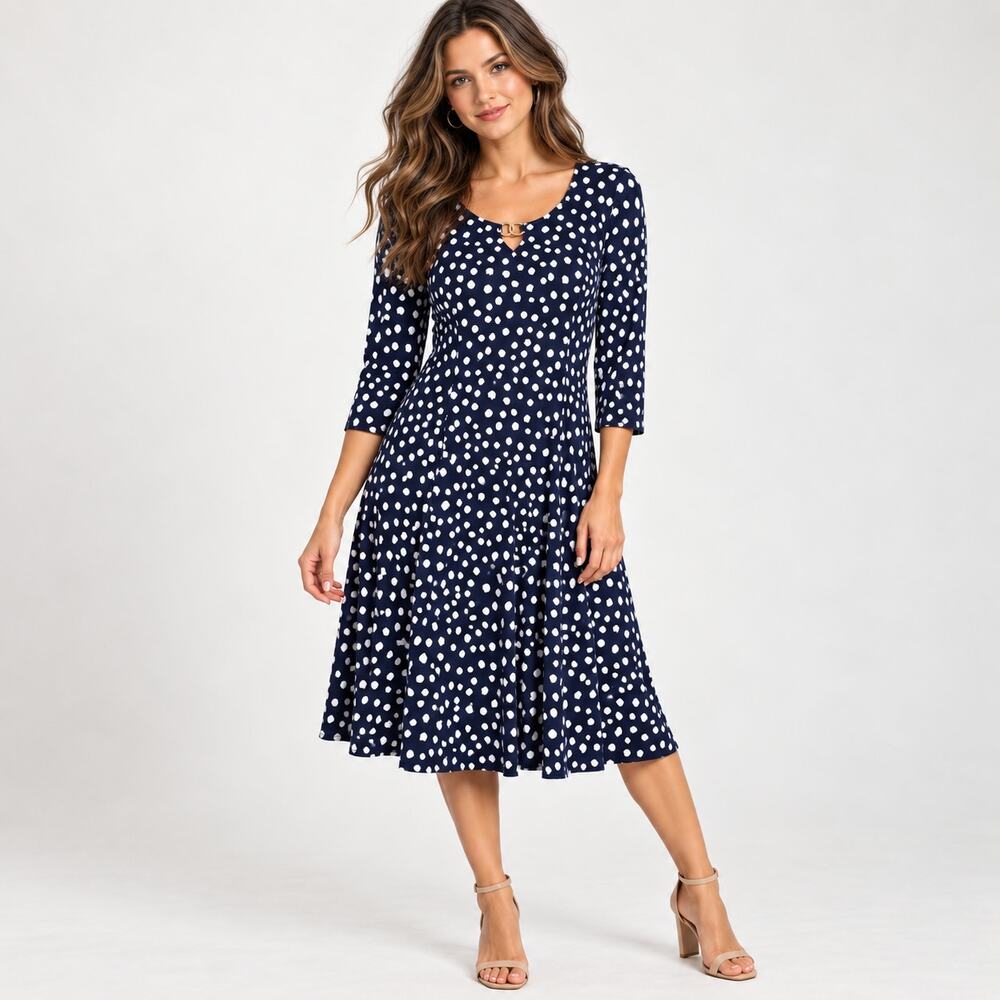 Susan Graver Liquid Knit Dress Womens Size L Navy Polka-dot Cottage Office Party